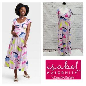 Isabel Maternity, Flutter Short Sleeve Woven MIDI Dress, Size Large pink floral
